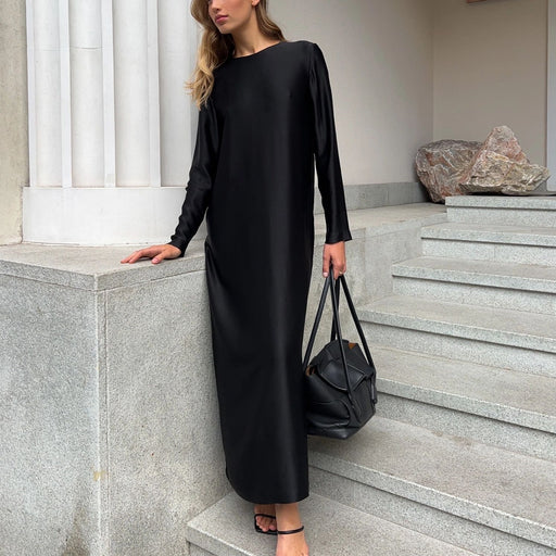 Color-Autumn Winter Women Clothing Base Dress Long Sleeve Split Satin Drape Sheath Dress-Fancey Boutique