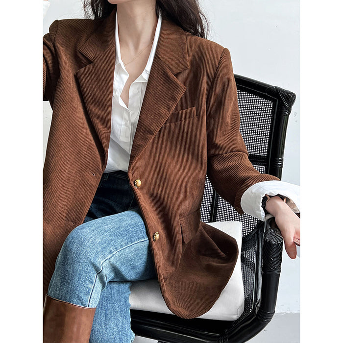 Color-Retro Heavy Industry Metal Buckle Corduroy Blazer Women Korean Loose High Grade Blazer-Fancey Boutique