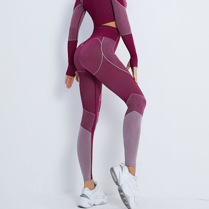 Color-Wine Red Trousers-Fitness Suit Cropped Long Sleeve Sports T shirt Peach Hip Raise High Waist Tight Yoga Trousers-Fancey Boutique