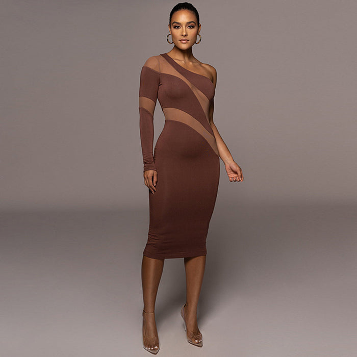 Color-Women Clothing Autumn Personality Solid Color Mesh See through Diagonal Collar Sexy Slim Dress-Fancey Boutique