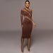 Color-Women Clothing Autumn Personality Solid Color Mesh See through Diagonal Collar Sexy Slim Dress-Fancey Boutique