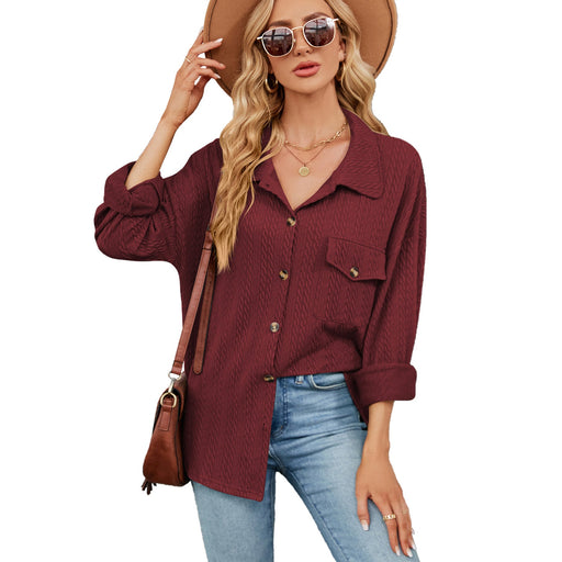 Color-Burgundy-Solid Color Polo Collar Button Pocket Long Sleeve Loose Fitting Coat Top Women-Fancey Boutique