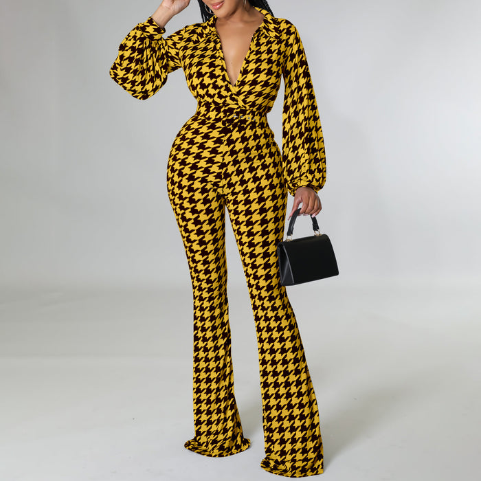 Color-Women Clothing Autumn Winter V Neck Puff Sleeve Waist Trimming Printing Wide Leg African Jumpsuit-Fancey Boutique