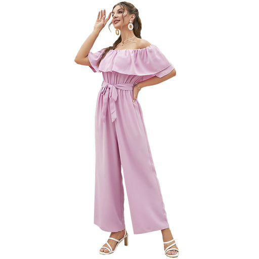 Color-Pink-Women Clothing Summer Casual off Shoulder Ruffle Sleeve Lace up Cropped Wide Leg Pants-Fancey Boutique