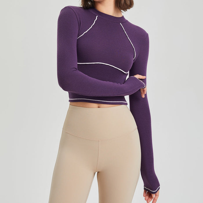 Color-Elegant purple-Autumn Winter Workout Clothes Women Long Sleeved Mousse Tight Training Sports Top Women Contrast Color Running Yoga Clothes-Fancey Boutique