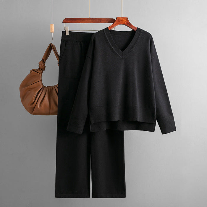 Color-Black-Suit Women Autumn Winter Loose Casual Sweater Pullover Two Piece Set-Fancey Boutique