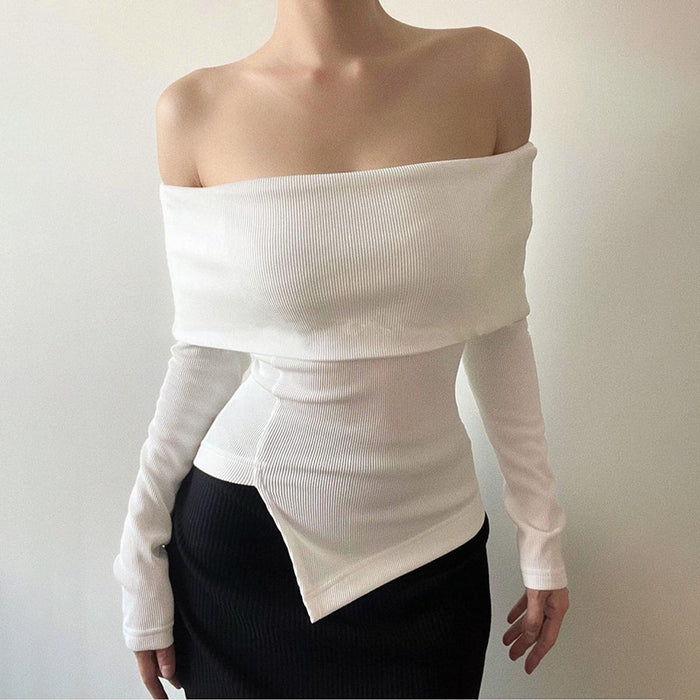 Color-Fashionable off Shoulder Irregular Asymmetric Long Sleeve Top Autumn Simple Solid Color Top-Fancey Boutique