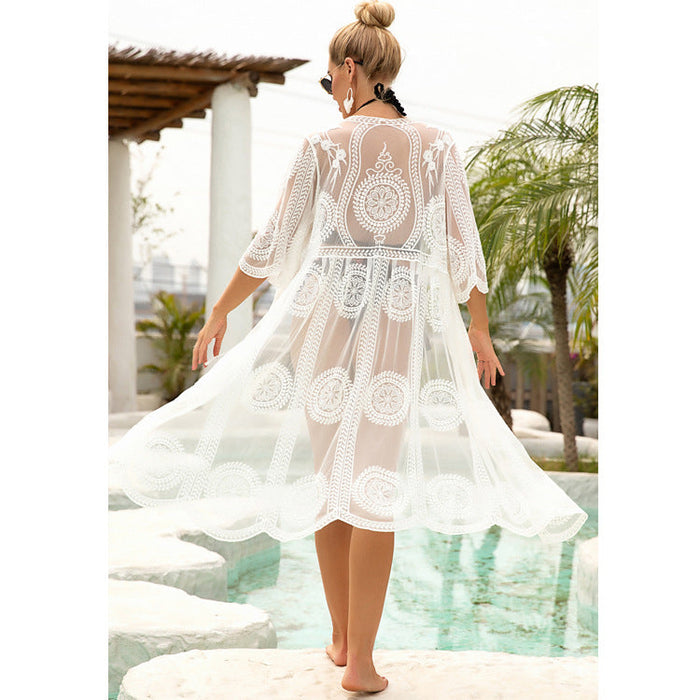 Color-White-Seaside Vacation Beach Sexy Hollow Out Cutout Beach Cover Up Long Cardigan Factory-Fancey Boutique