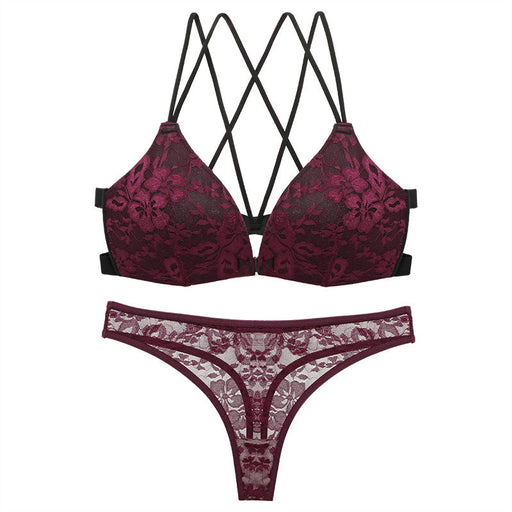 Color-Wine Red-Sexy Lace Lingerie Panties Set Bare Back Front Buckle Bra Set-Fancey Boutique