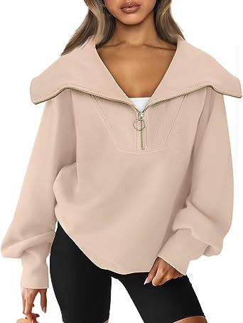Color-Apricot-Women Clothing Autumn Winter Oversized Half Zipper Pullover Sweater Hoodie Top-Fancey Boutique