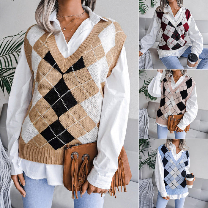 Color-Autumn Winter College Rhombus V-neck Casual Loose Knit Vest Sweater Women Clothing-Fancey Boutique