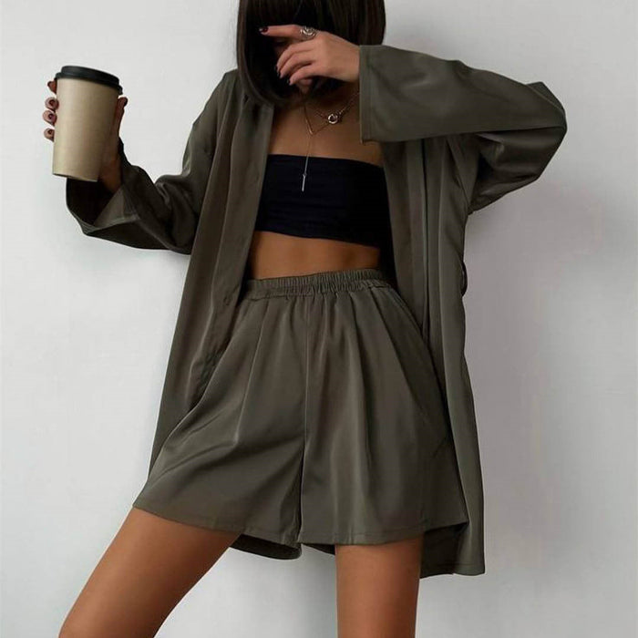 Color-Army Green-Satin Shirt Shorts Two Piece Set Women Clothing Summer Silky Satin Pajamas Set Loose Casual Wear-Fancey Boutique