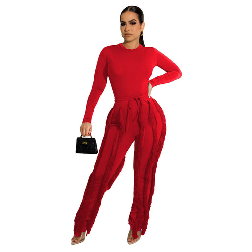 Color-Red-Women Clothing Suit Tassel Lace Jumpsuit Two Piece Set Solid Color Sports Autumn Winter-Fancey Boutique