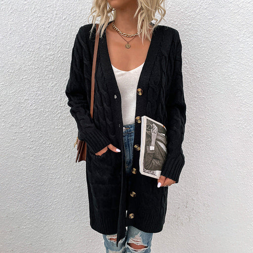 Color-Black-Knitwear Autumn Winter Long Cable-Knit Sweater Women Button Cardigan-Fancey Boutique