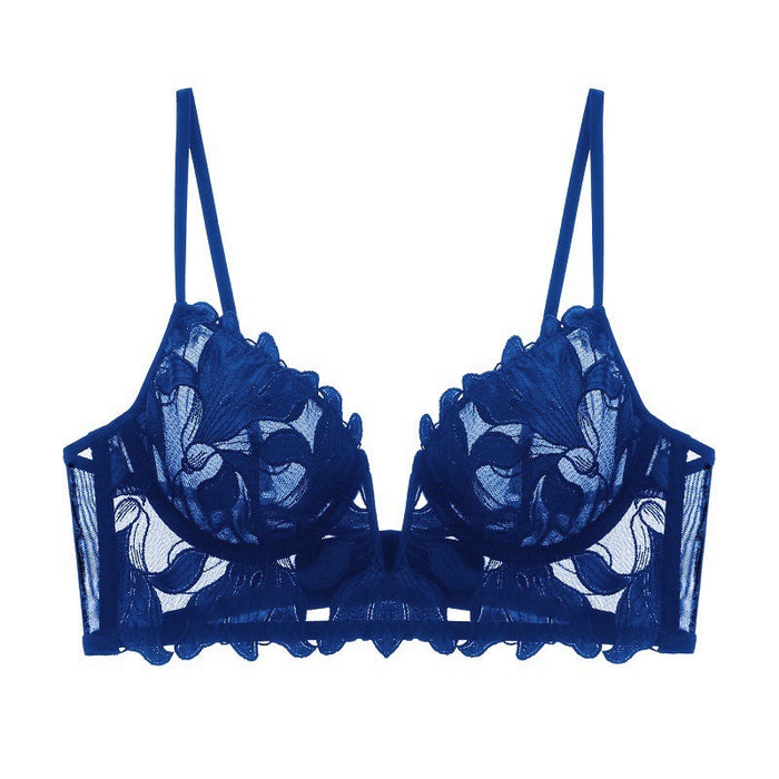 Color-Blue-bralette Embroidery Sexy Bra Women Deep V Plunge Plunge Steel Ring Push up Accessary Breast Push up Ultra-Thin Yarn Bra Fleur-Fancey Boutique