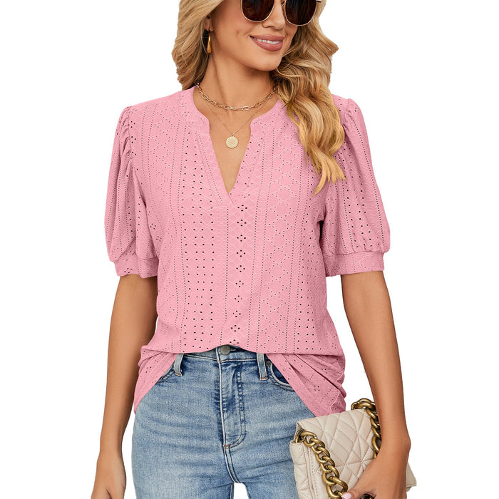 Color-Pink-Summer Casual V Neck Solid Color Hollow Out Cutout Puff Sleeve Loose Fitting T Shirt Top Women-Fancey Boutique