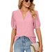 Color-Pink-Summer Casual V Neck Solid Color Hollow Out Cutout Puff Sleeve Loose Fitting T Shirt Top Women-Fancey Boutique