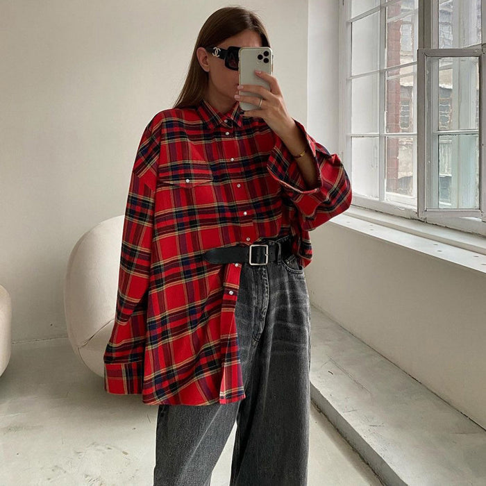 Color-Autumn All Matching Plaid Shirt Women Casual Red Pattern Outer Shirt-Fancey Boutique