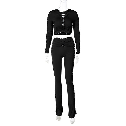 Color-Black-Women Clothing Autumn Sexy round Neck Long Sleeve Top Hollow Out Cutout Slim Trousers Set-Fancey Boutique
