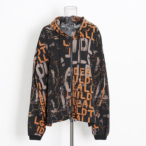 Color-Multi-Trendy Autumn Unique Design Letter Graphic Print Loose Hooded Sweater Coat for Women-Fancey Boutique