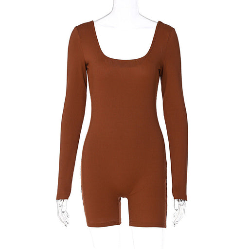Color-Brown-Women Clothing Winter Solid Color Rib U Neck Long Sleeved Slim Fit Hip Raise Sports Jumpsuit Women-Fancey Boutique