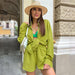 Color-Green-Street Solid Color Collared Long Sleeve Pants Suit Summer Women Clothing Two Piece Suit-Fancey Boutique