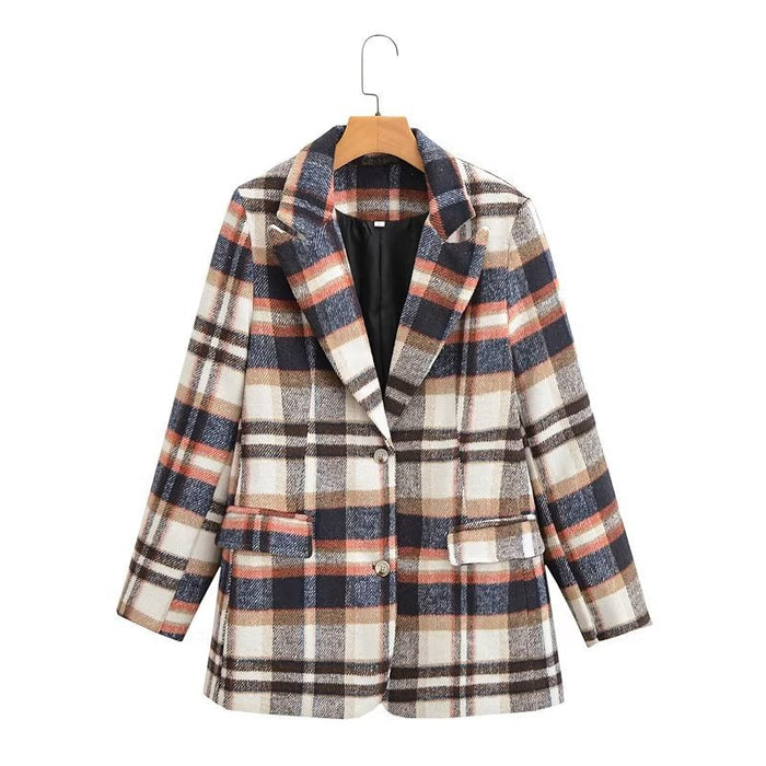 Color-Multi-Autumn Winter Woolen Plaid Blazer Single Breasted Mid Length Top-Fancey Boutique