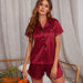 Color-Heart Embroidered Wine Red-Ice Silk Pajamas Women Spring Summer Short Sleeved Shorts Suit Live Artificial Silk Home Wear-Fancey Boutique