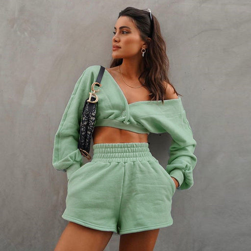 Color-Mint-Fall Winter Women Cropped V neck off-Shoulder Long-Sleeved Sweater Shorts two piece set-Fancey Boutique