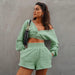 Color-Mint-Fall Winter Women Cropped V neck off-Shoulder Long-Sleeved Sweater Shorts two piece set-Fancey Boutique