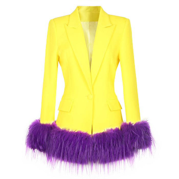 Color-Yellow-Fall Winter Blazer Detachable Feather Women Blazer-Fancey Boutique