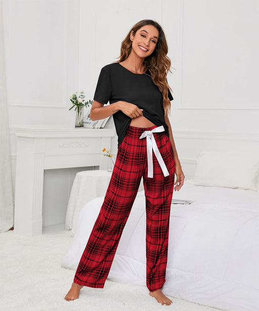 Color-Black-Solid Color round Neck T Printed Checks Women Casual Suit Homewear Pajamas Women-Fancey Boutique