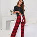 Color-Black-Solid Color round Neck T Printed Checks Women Casual Suit Homewear Pajamas Women-Fancey Boutique