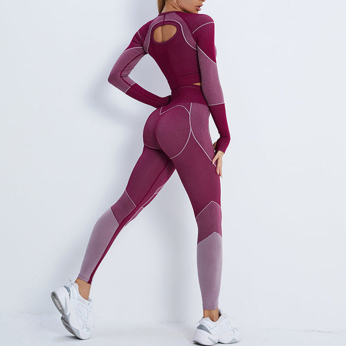 Color-Claret-Red Suit-Fitness Suit Cropped Long Sleeve Sports T shirt Peach Hip Raise High Waist Tight Yoga Trousers-Fancey Boutique