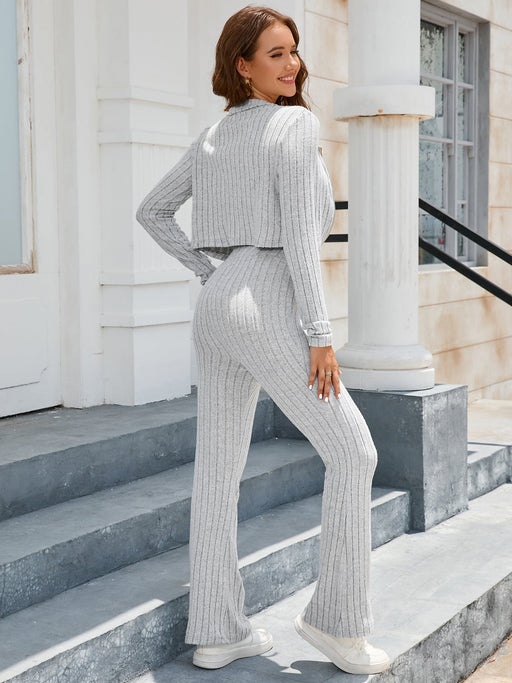 Color-Knitted round Neck Long Sleeve Zipper Cardigan Trousers Wide Leg Pants Two Piece Suit Women-Fancey Boutique