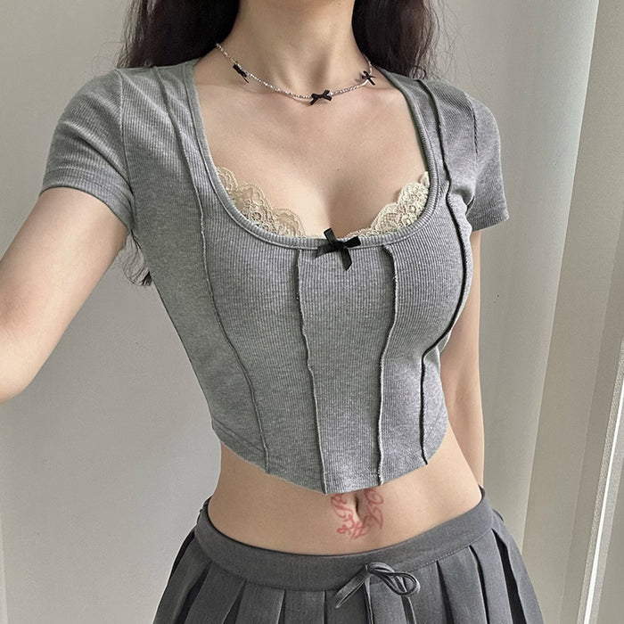 Color-Sexy Irregular Asymmetric Split Curved Hem Cropped T shirt Girl Slim Fit Lace Stitching Bow Top-Fancey Boutique