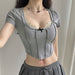 Color-Sexy Irregular Asymmetric Split Curved Hem Cropped T shirt Girl Slim Fit Lace Stitching Bow Top-Fancey Boutique