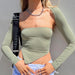 Color-Light Green-Women Clothing Spring Solid Color Long Sleeve Shawl off Shoulder Wrapped Chest Sexy Top-Fancey Boutique