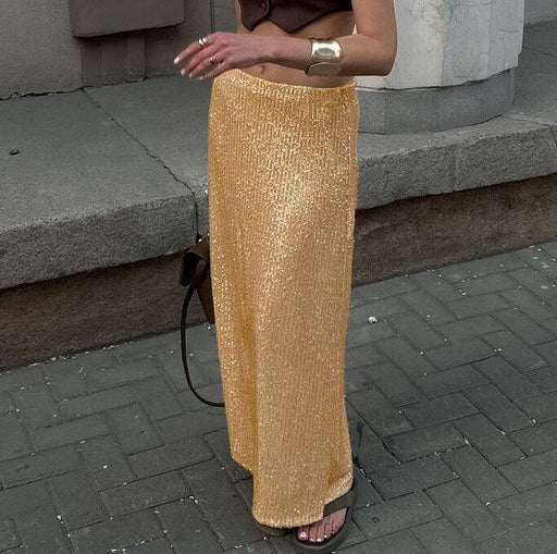 Color-Gold-Women Clothing Solid Color Sequ Back Slit Casual Skirt-Fancey Boutique