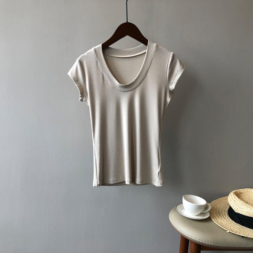 Color-Apricot-Solid Color T shirt for Women Summer Simplicity U Collar Slimming Stretch T shirt Top for Women-Fancey Boutique