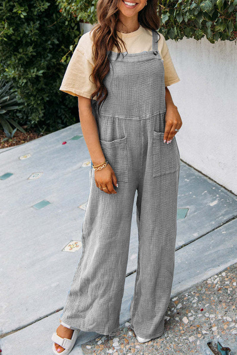 Color-Gray-Summer Women Casual Solid Color Pocket Square Collar Loose Overalls-Fancey Boutique