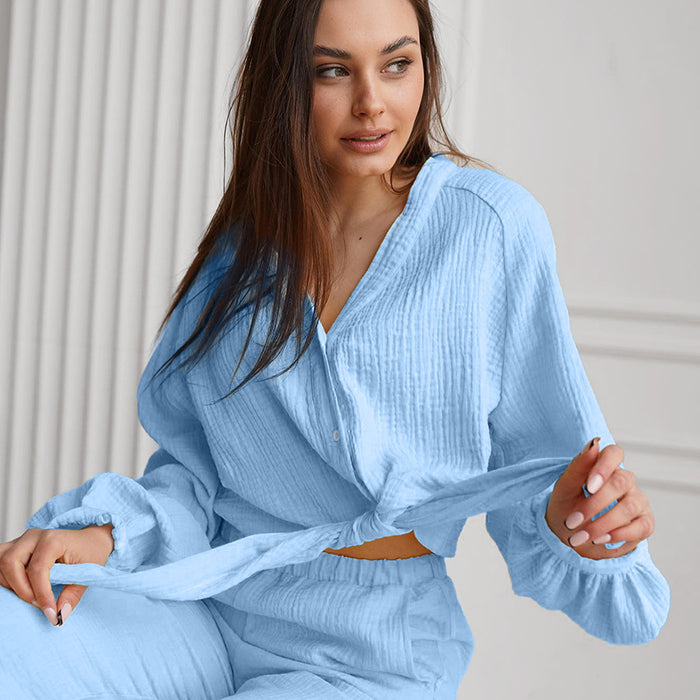 Color-Autumn Winter Blue Color Simple Outdoor Long Sleeved Trousers Pajamas Two Piece Set Home Wear for Women-Fancey Boutique