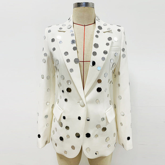 Color-White-Star Personality Stylish round Mirror Beaded One Button Blazer Coat-Fancey Boutique