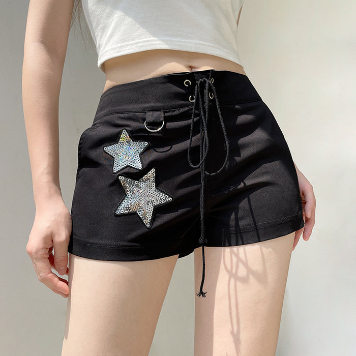 Color-Street Hip Hop Five-Pointed Star Sequ Special Interest Design Elastic Lace High Waist Shorts Peach Hip Slim Pants-Fancey Boutique