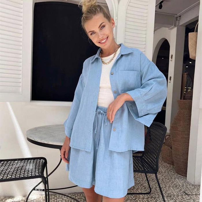 Color-Summer Cotton Long Sleeve Shorts Pajamas Casual Loose Nightgown Worn outside Ladies Homewear-Fancey Boutique