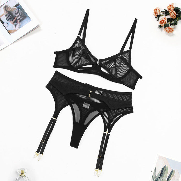 Color-Black-Summer Sexy Suit Hollow Out Cutout Striped Mesh Sexy Beauty Back Underwear Three Piece Set-Fancey Boutique