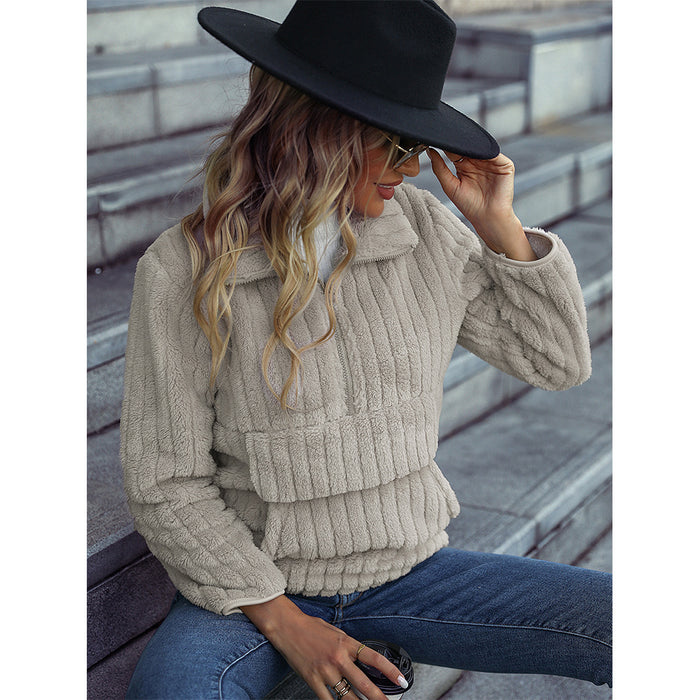 Color-Autumn Winter Women Wear Collared Long Sleeve Pullover Half Zipper Sunken Stripe Plush Casual Sweatshirt-Fancey Boutique