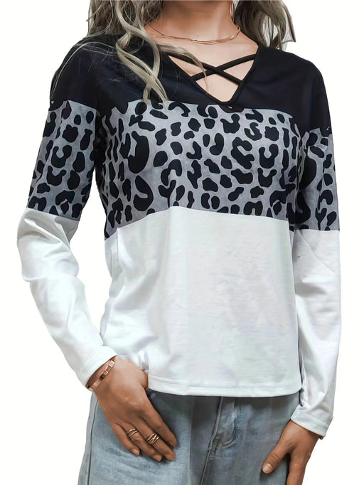 Color-Gray-Summer Women Clothing Personality Leopard Splicing V Neck Top Ladies-Fancey Boutique