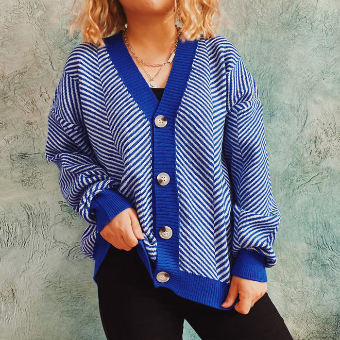 Color-Blue-Autumn Winter Casual Contrast Color Diagonal Stripe Single Breasted V neck Long Sleeve Sweater Cardigan Coat Women-Fancey Boutique