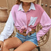 Color-Pink-Women Clothing Summer Color Stitching Pocket Drop Shoulder Long Sleeve Shirt-Fancey Boutique